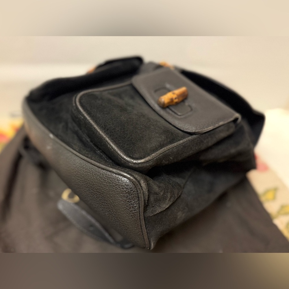 GUCCI‎ Vintage Y2K Unisex Black Suede & Leather Trim Bamboo Medium Backpack - Picture 6 of 16